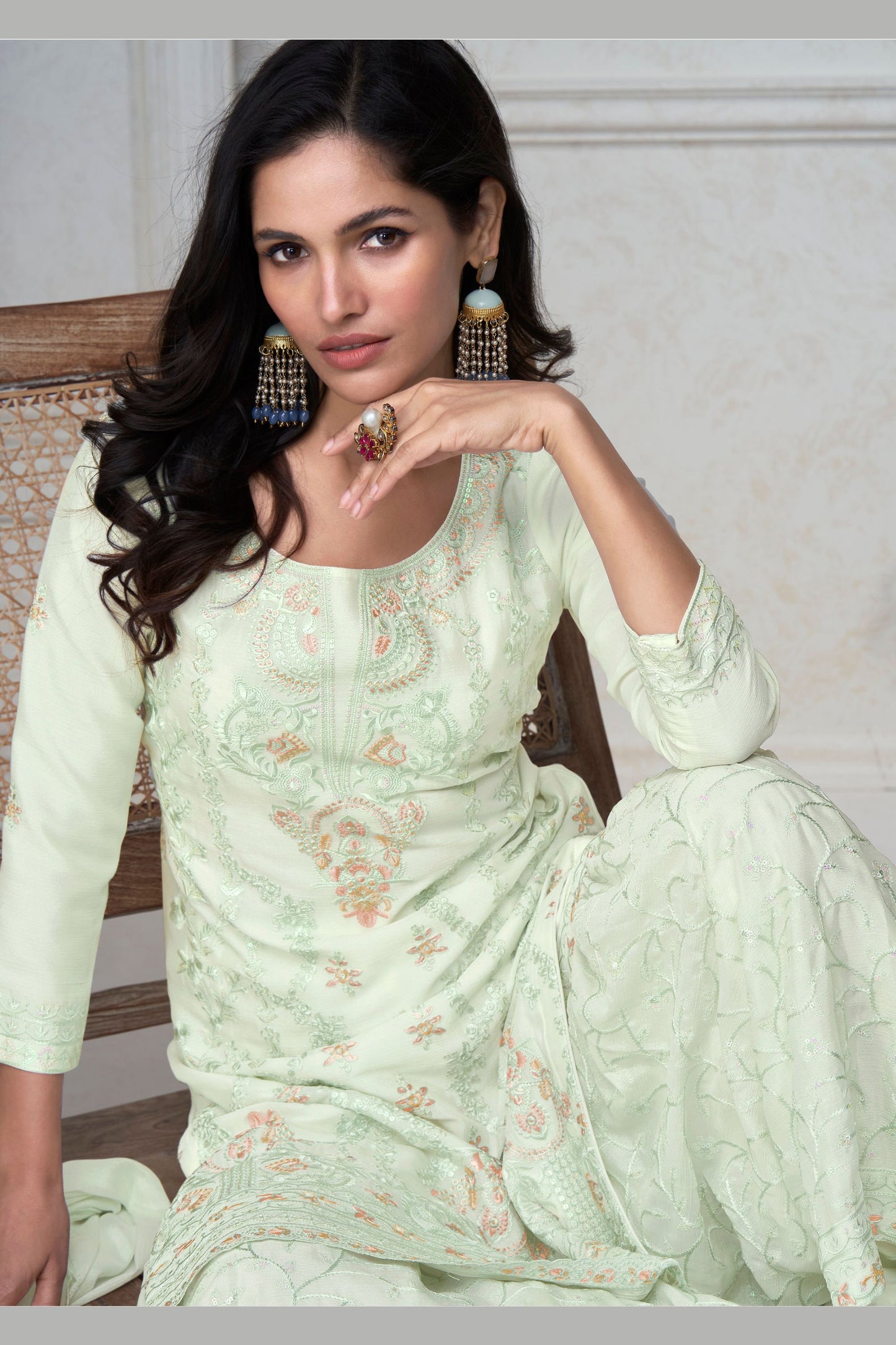 Light Green Chinon Silk Sharara For Indian Festivals & Pakistani Weddings - Thread Embroidery Work