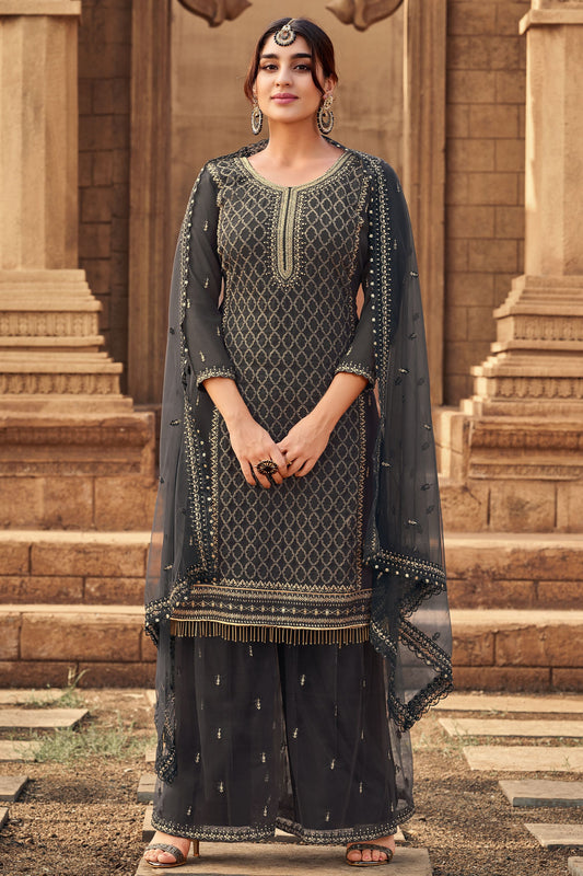 Brown Pakistani Georgette Sharara For Indian Festivals & Weddings - Thread Embroidery Work,