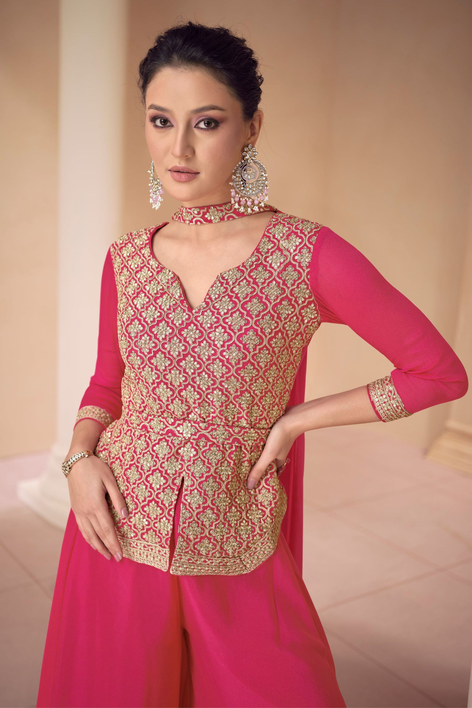 Pink Georgette Plazo Suit For Indian Festivals & Pakistani Weddings - Embroidery Work