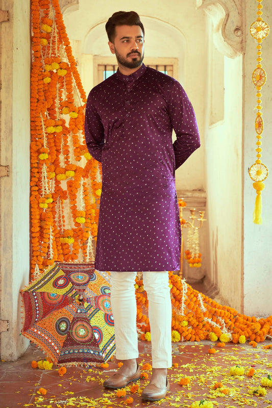 Purple Silk Kurta Pyjama for Men For Navratri Garba Festivals - Print Work