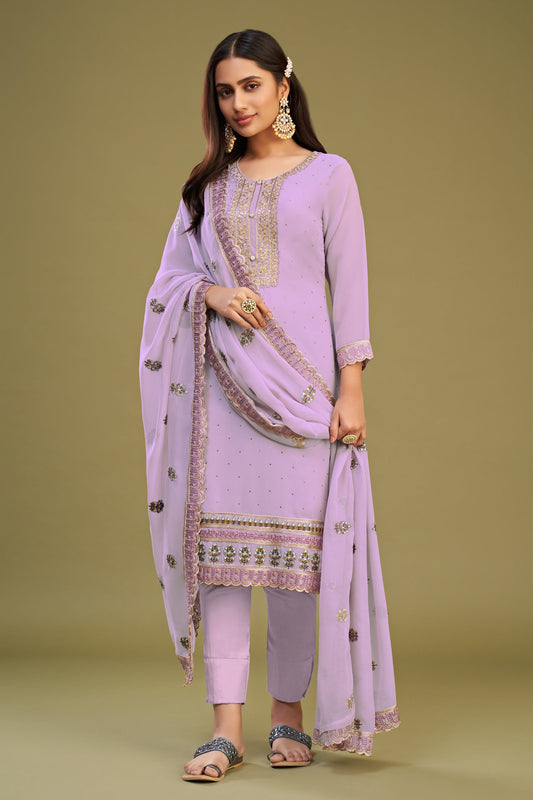 Lavender Georgette Plus Size Upto 7XL Size Salwar Kameez For Indian Festivals & Pakistani Weddings - Thread Embroidery Work, Swarovski Work