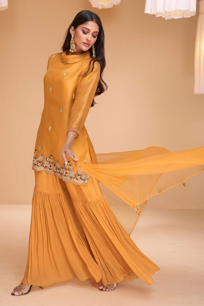 Golden Organza Sharara Suit for Pakistani & Indian Festival - Embroidery Work