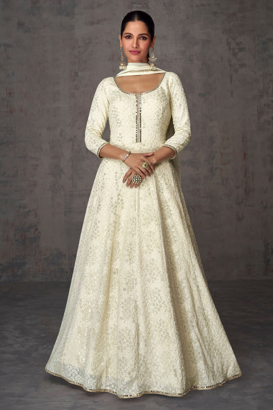 White Georgette Floor Full Length Embroidered Anarkali Gown For Indian Festivals & Pakistani Weddings - Embroidery Work
