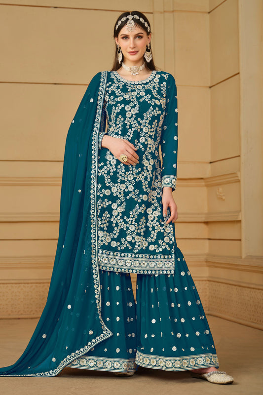 Teal Georgette Sharara Suit For Indian Festivals & Pakistani Weddings - Thread Embroidery Work, Sequence Embroidery Work