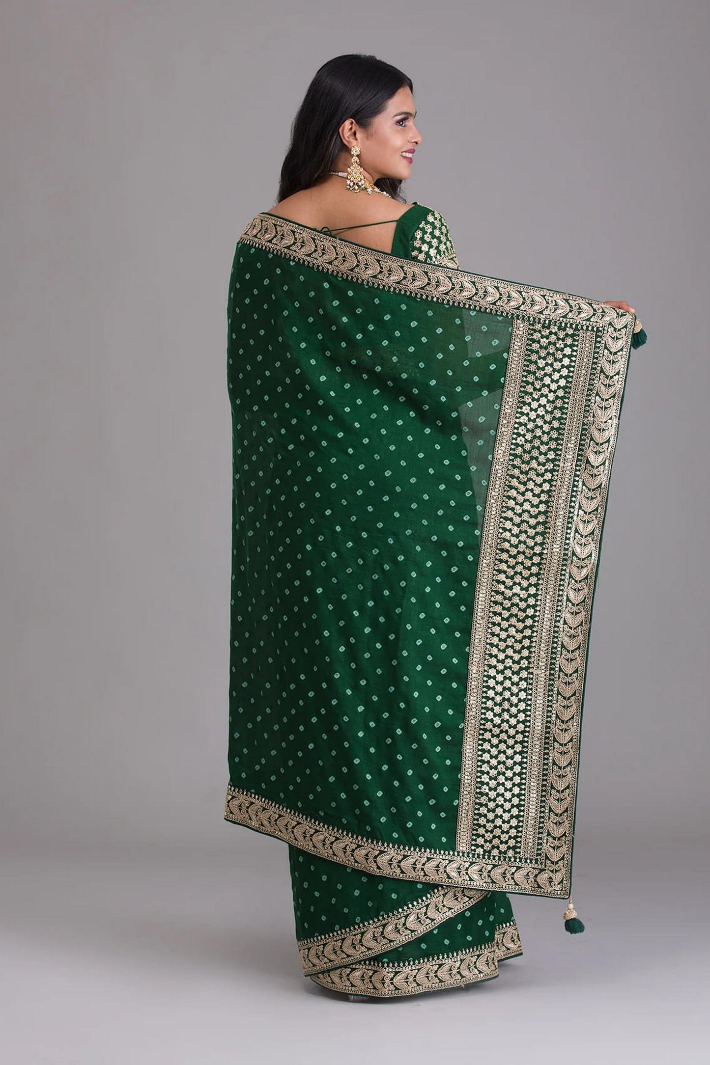 Green Indian Georgette Saree For Indian Festivals & Weddings - Sequence Embroidery Work, Dori Work