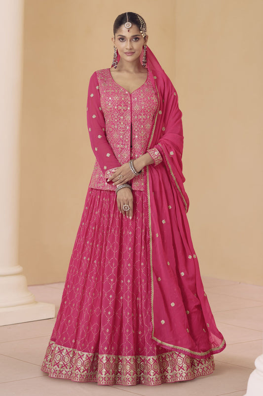 Pink Georgette Salwar Kameez Suit with Skirt For Indian Festivals & Weddings - Thread Embroidery Work