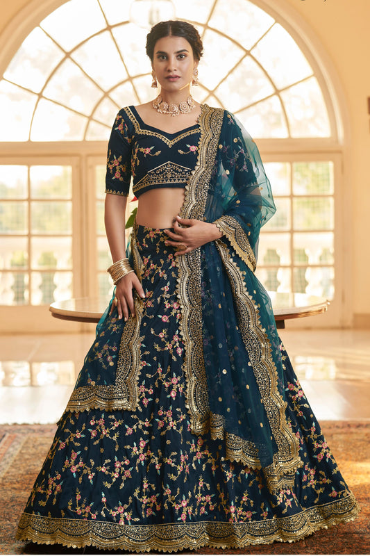 Blue Pakistani Chinon Floral Embroidered Lehenga Choli For Indian Festivals & Weddings - Sequence Embroidery Work, Thread Embroidery Work, Zari Work