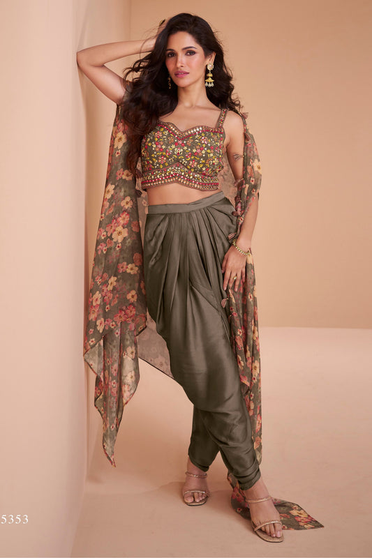 Brown Satin Pakistani Dhoti Salwar Kameez Shrug Suit For Indian Festivals & Weddings - Thread Embroidery Work, Real Mirror Work