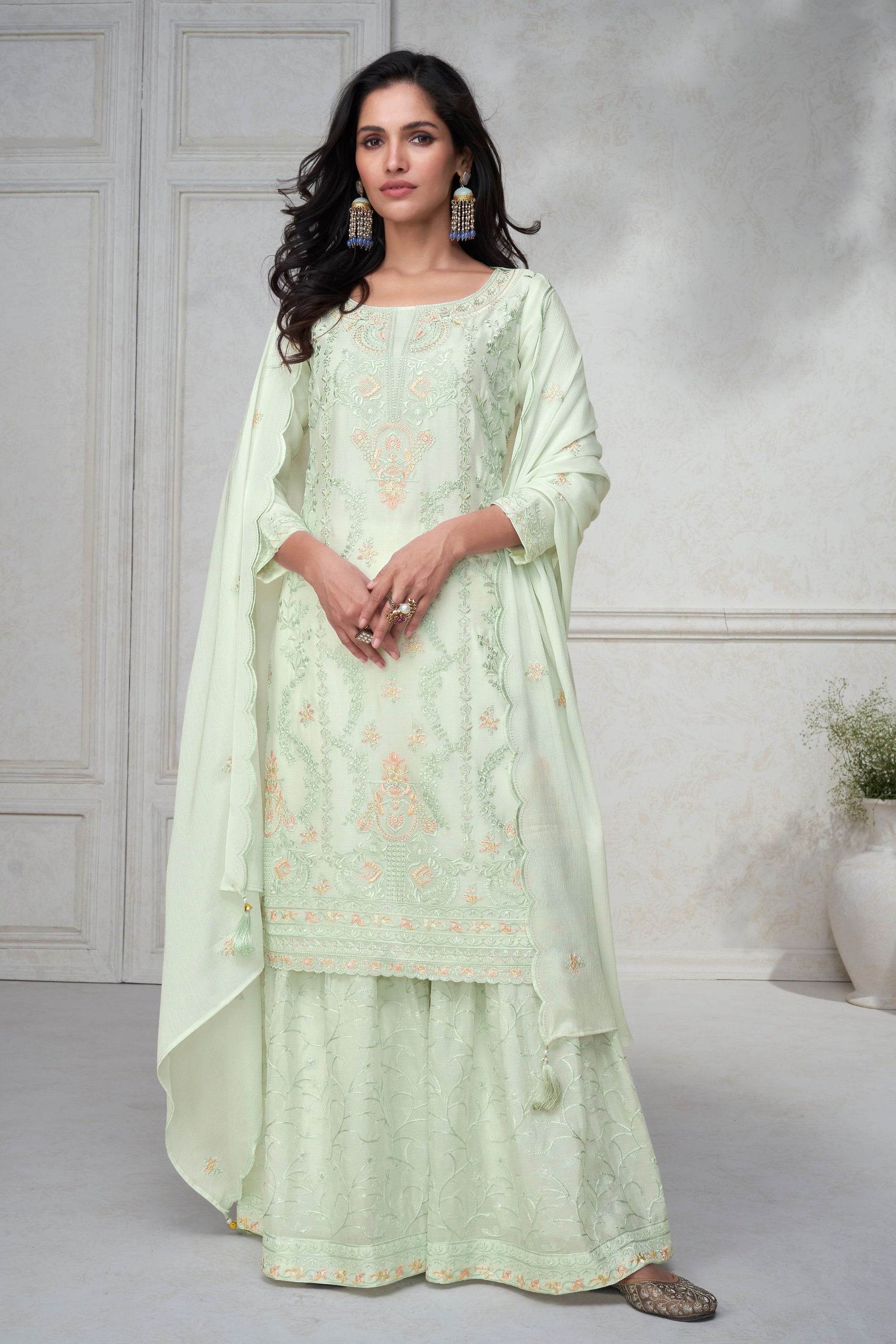 Light Green Chinon Silk Sharara For Indian Festivals & Pakistani Weddings - Thread Embroidery Work