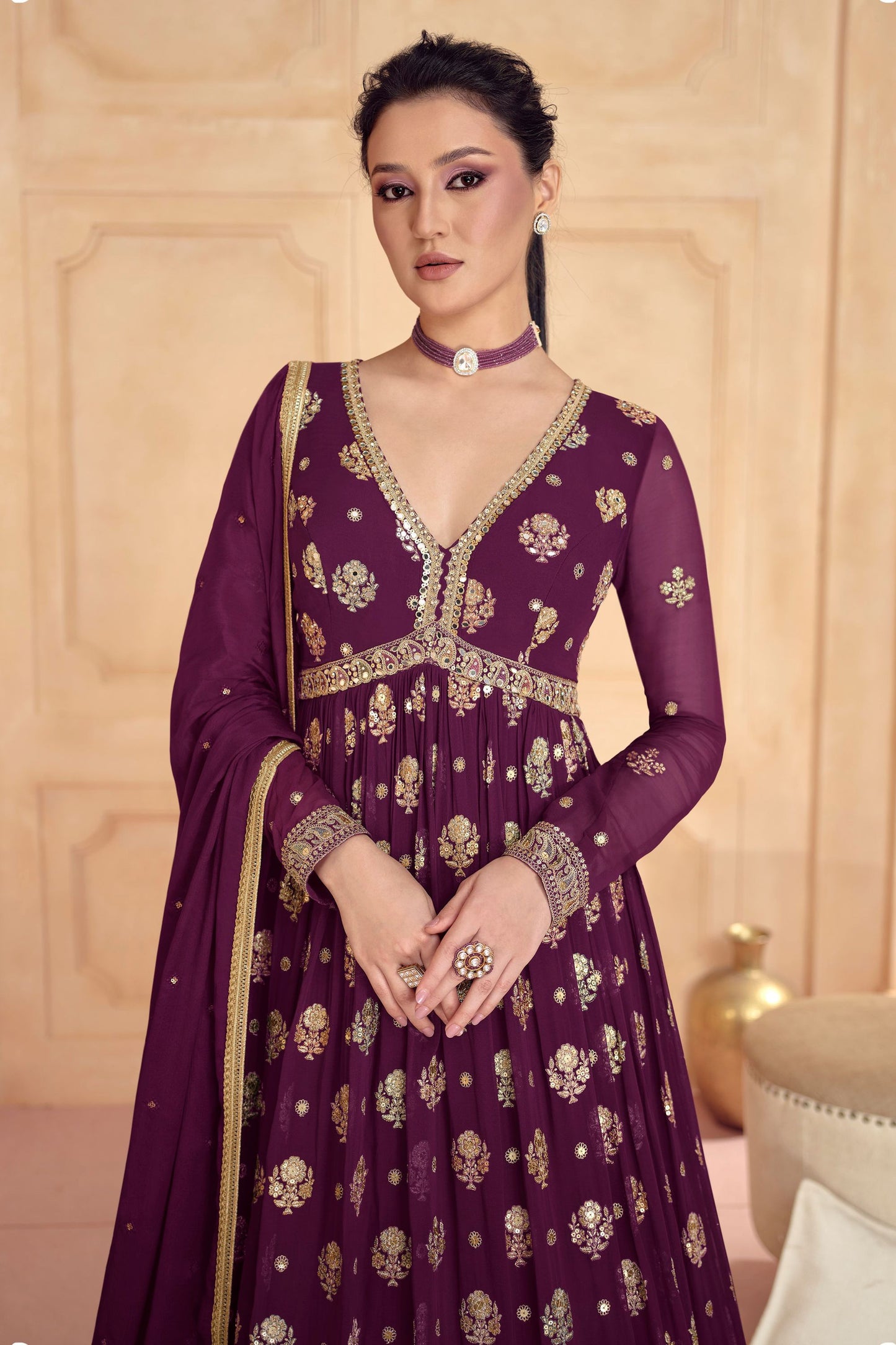 Maroon Georgette Full Floor Length Anarkali Gown For Indian Festivals & Weddings - Embroidery Work