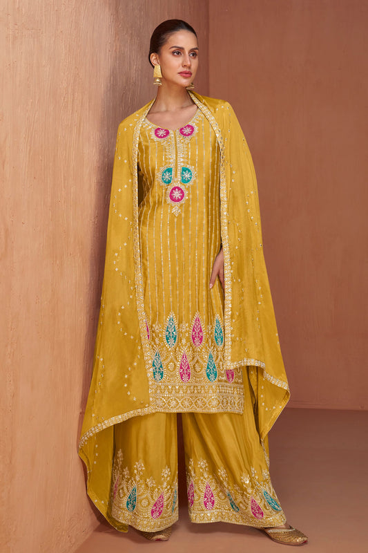 Golden Yellow Chinon Silk Plazo Suits For Indian Festivals & Pakistani Weddings - Embroidery Work