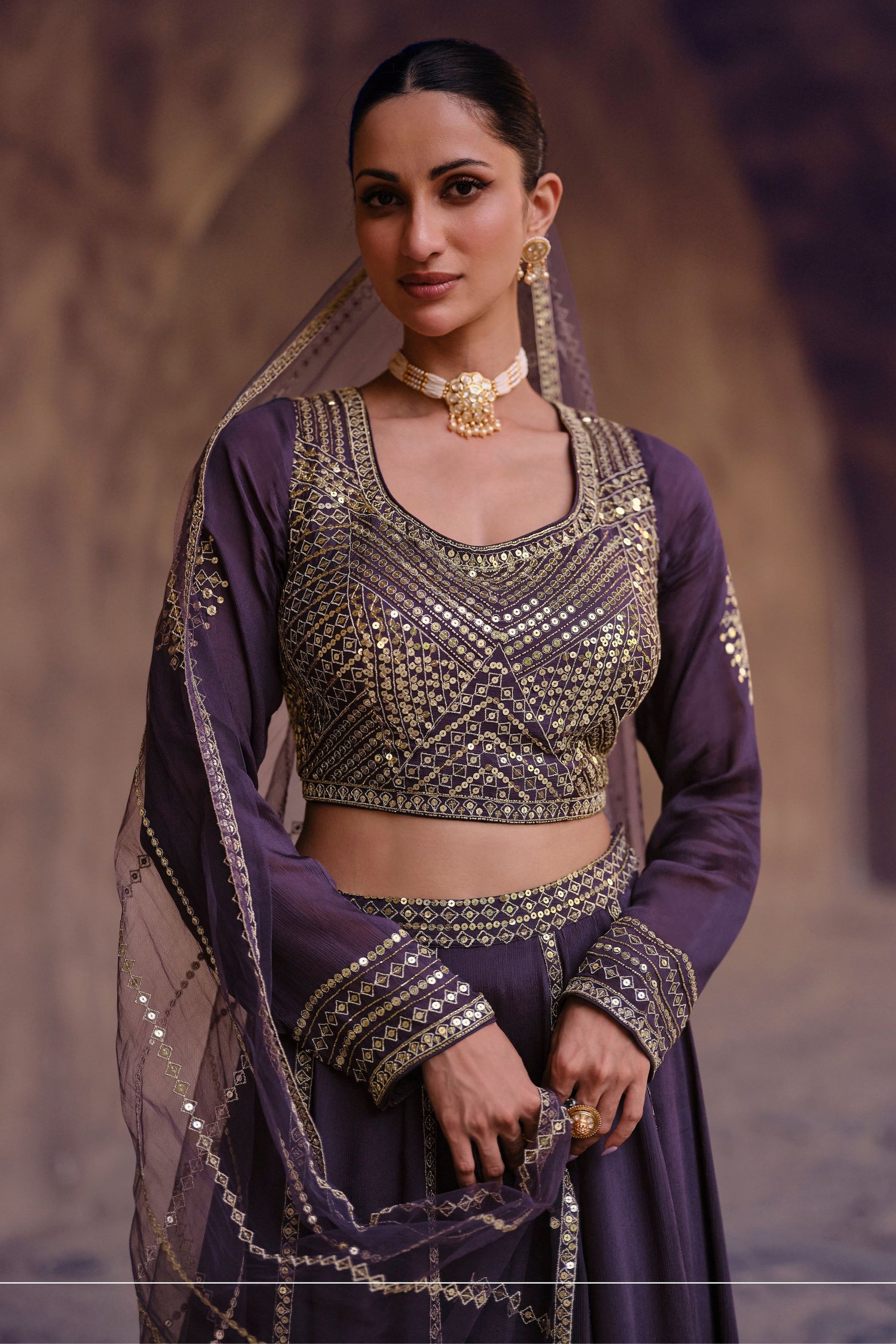 Purple Chinon Silk Lehenga Choli For Indian Festivals & Weddings - Embroidery Work, Sequence Embroidery Work