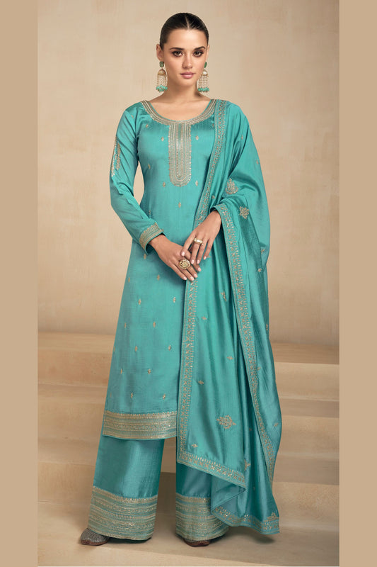 Turquoise Silk Salwar Kameez For Indian Festivals & Pakistani Weddings - Thread Embroidery Work