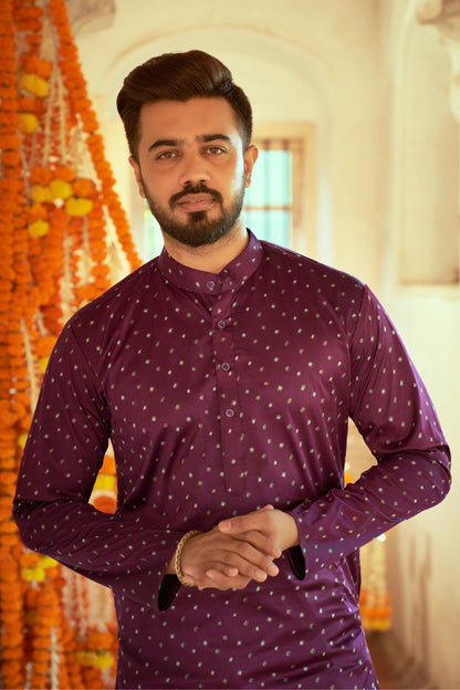 Purple Silk Kurta Pyjama for Men For Navratri Garba Festivals - Print Work