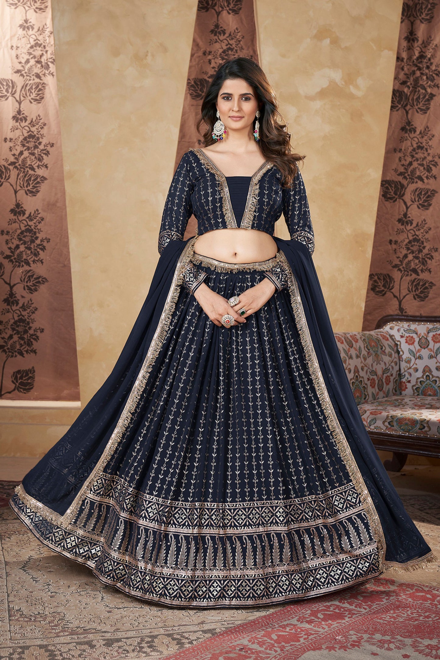 Navy Blue Georgette Lehenga Choli For Indian Festivals & Weddings - Thread Embroidery Work, Foil Mirror Work