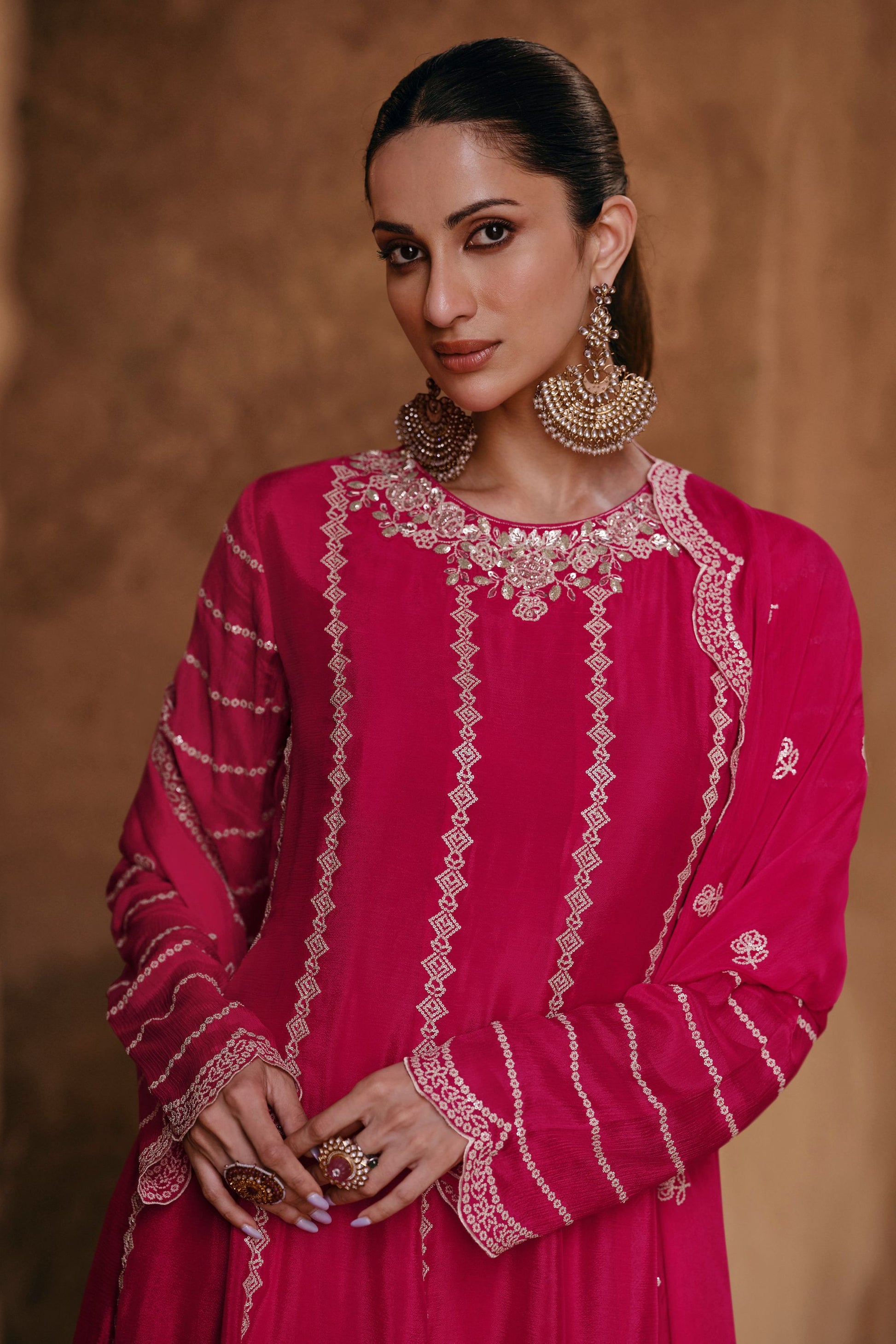 Pink Chinon Silk Sharara Suits for Indian Festival & Pakistani Wedding - Embroidery Work