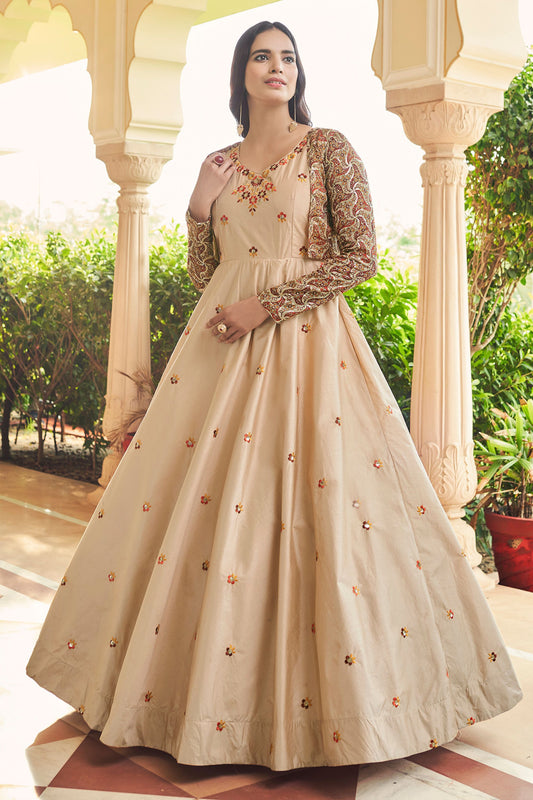Beige Pakistani Cotton Anarkali Suit For Indian Festivals & Weddings - Thread Work, Sequence Embroidery Work,