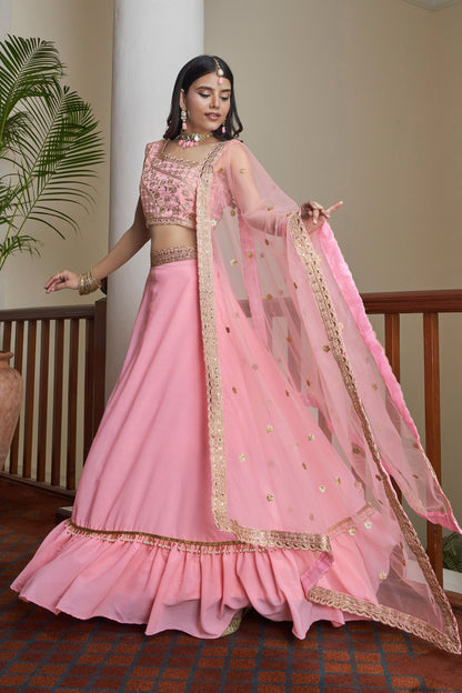 Pink Pakistani Silk Ruffle Lehenga Choli For Indian Festivals & Weddings - Sequence Embroidery Work, Thread Embroidery Work, Mirror Work, Zari Work, Dori Work