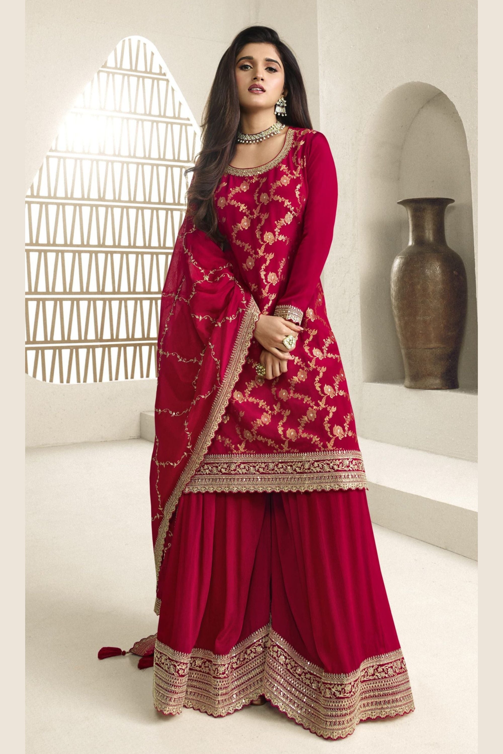 Red Jacquard Silk Palazzo Suit For Indian Festivals & Pakistani Plazo Weddings Dress - Embroidery Work Unstitched Red Jacquard Silk Palazzo Suit For Indian Festivals & Pakistani Plazo Weddings Dress - Embroidery Work Unstitched