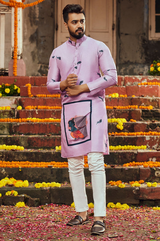 Pink Art Silk Kurta Pyjama for Men For Navratri Garba Festivals - Print Work