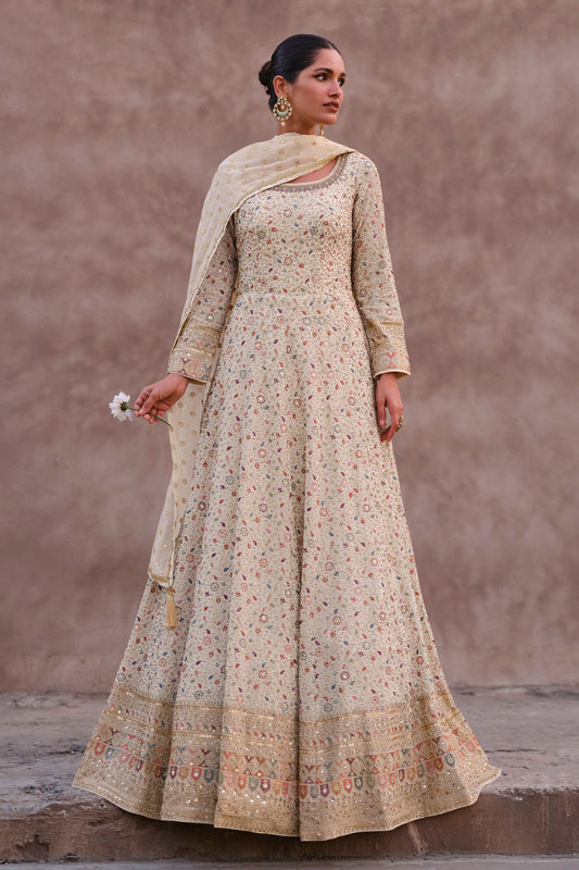 Off White Georgette Floor Full Length Anarkali Gown For Indian Festivals & Pakistani Weddings - Embroidery Work