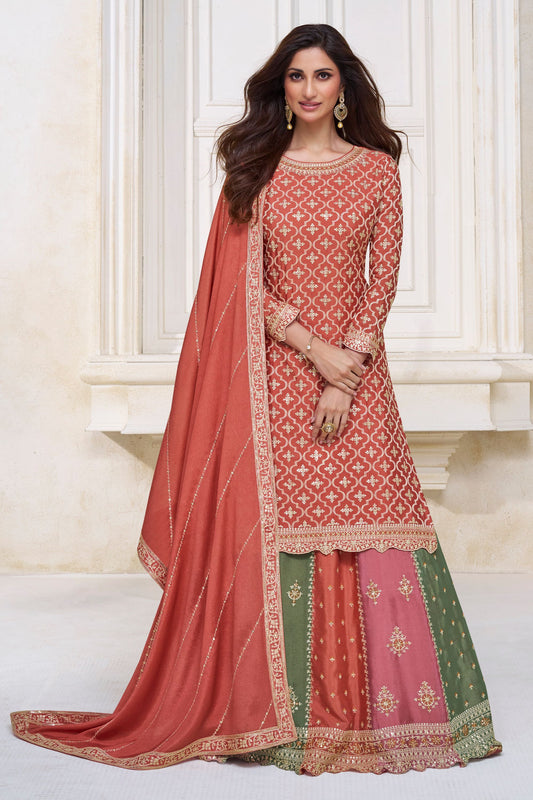 Orange Pakistani Chinon Silk Salwar Kameez with Skirt For Indian Festivals & Weddings - Embroidery Work