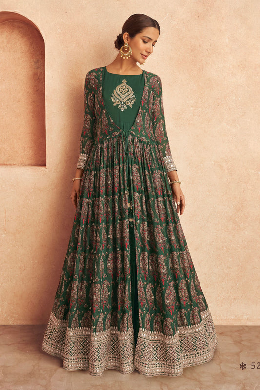Green Pakistani Georgette Anarkali Suits For Indian Festivals & Weddings - Embroidery Work