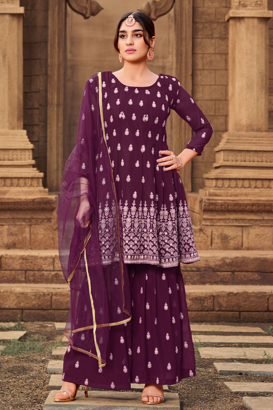 Purple Pakistani Georgette Sharara For Indian Festivals & Weddings - Thread Embroidery Work,