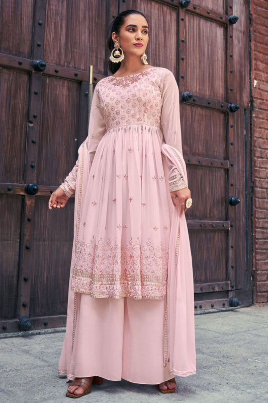 Baby Pink Pakistani Georgette Plazo For Indian Festivals & Weddings - Sequence Embroidery Work, Thread Embroidery Work,