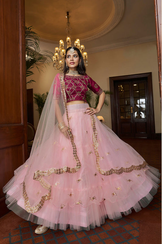 Baby Pink Pakistani Silk Ruffle Lehenga Choli For Indian Festivals & Weddings - Sequence Embroidery Work, Thread Embroidery Work,