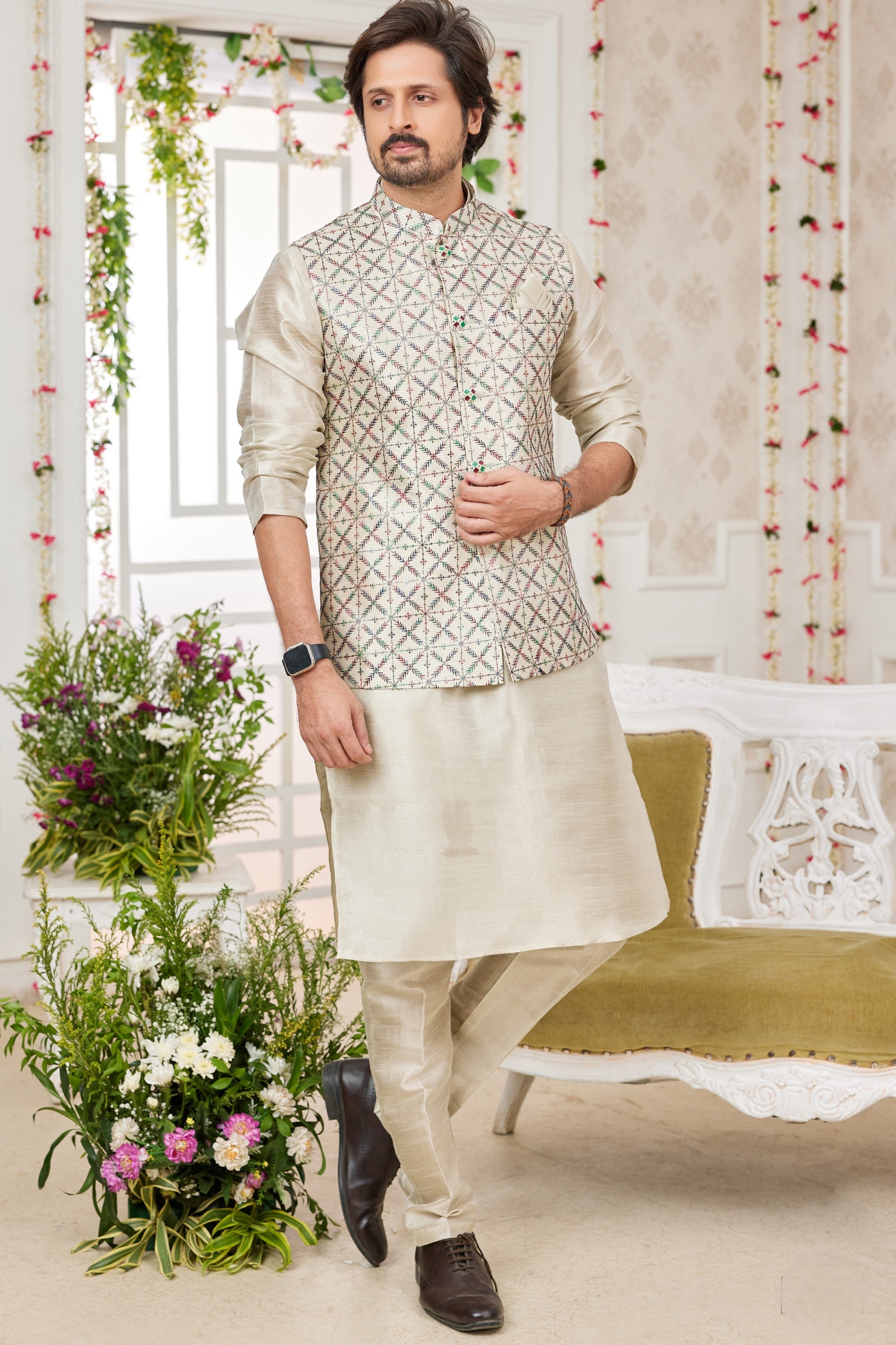 Mens Wedding Outfits Buy Kurta Pajama with Waistcoat Jacket Attire