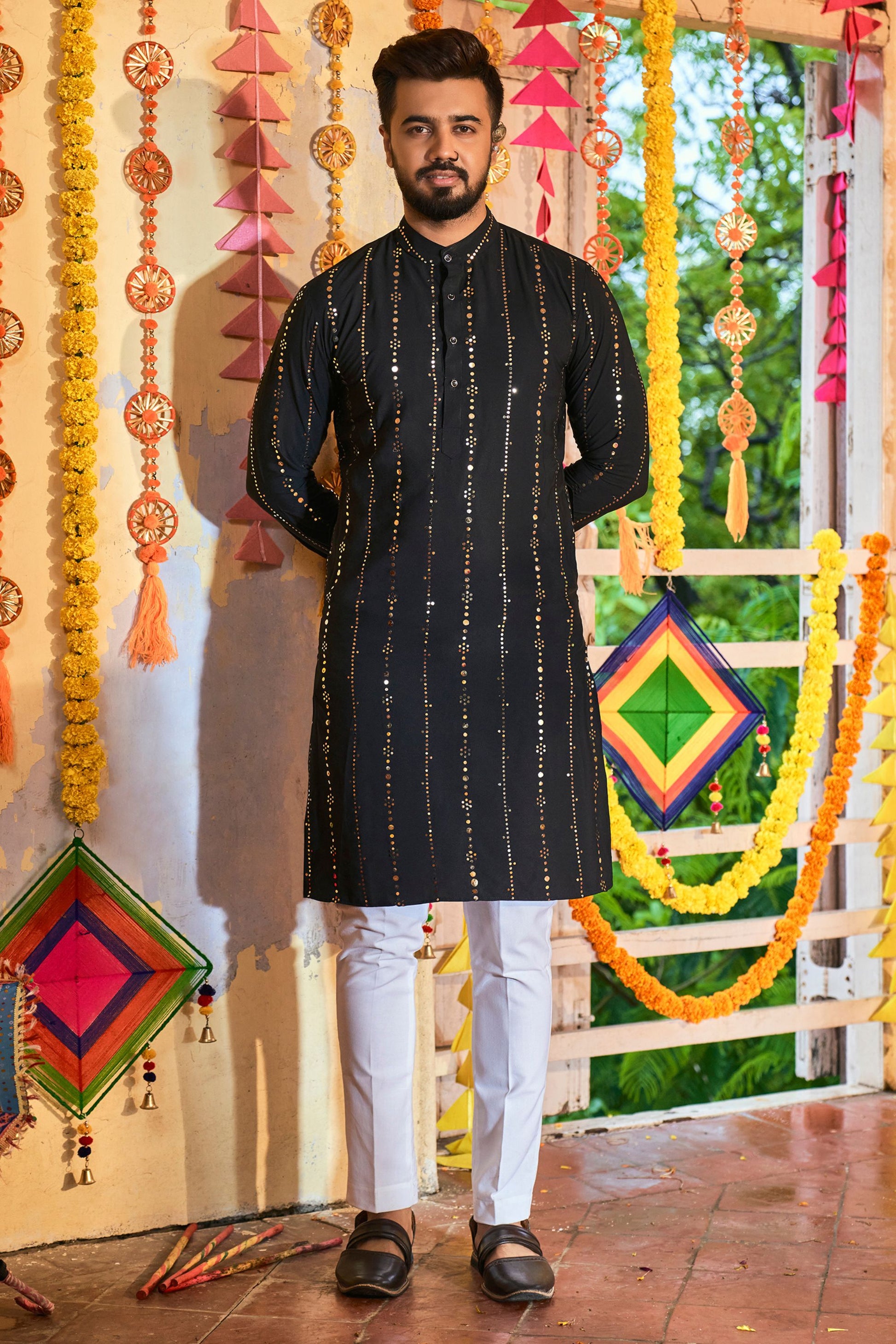 Black Art Silk Kurta Pyjama for Men For Navratri Garba Festivals - Embellished Mirror Work