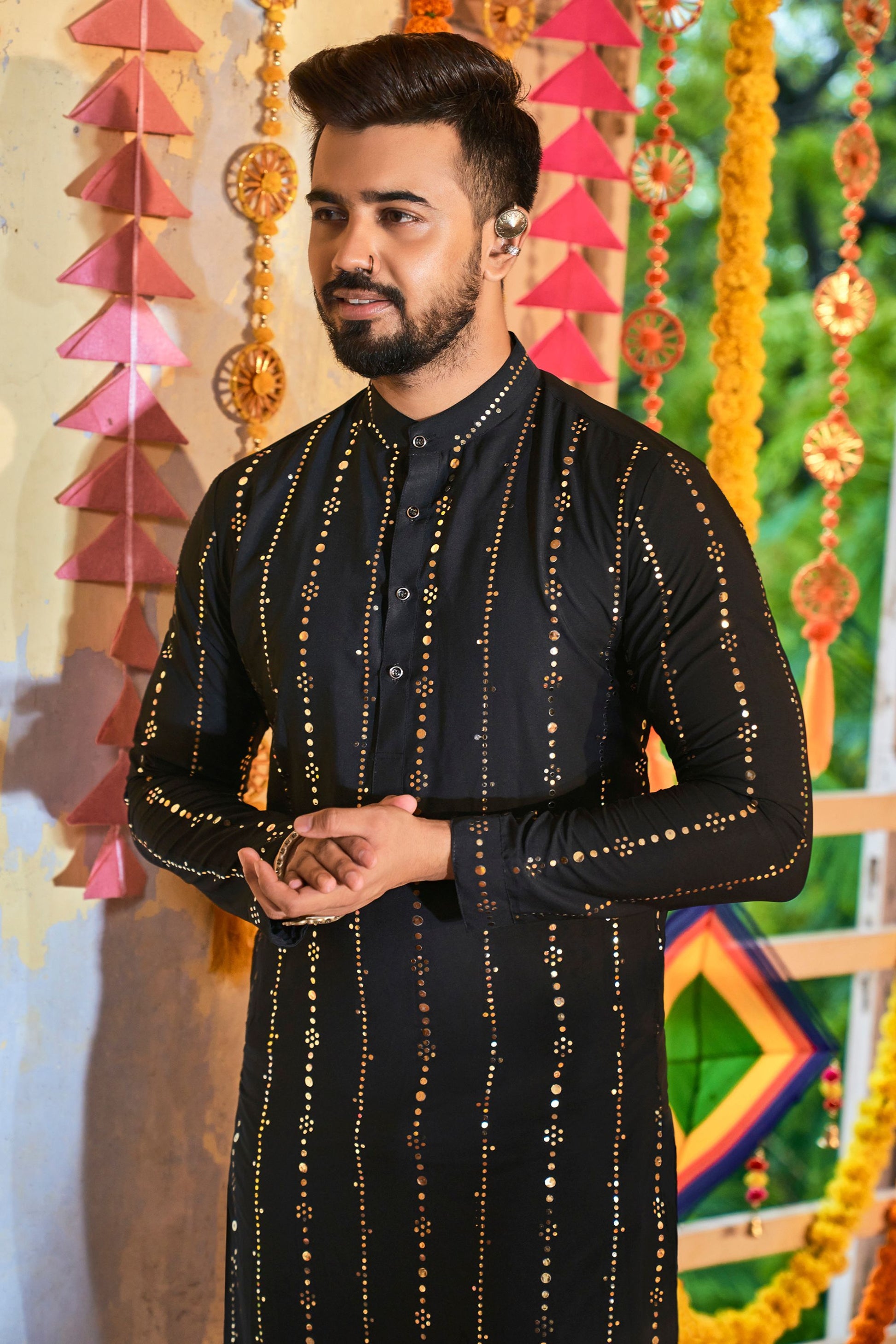 Black Art Silk Kurta Pyjama for Men For Navratri Garba Festivals - Embellished Mirror Work
