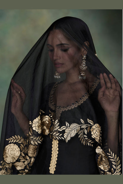 Black Silk Floor Full Length Anarkali Gown For Indian Festivals & Weddings - Embroidery Work