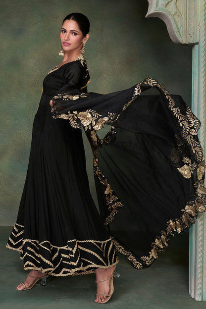 Black Silk Floor Full Length Anarkali Gown For Indian Festivals & Weddings - Embroidery Work