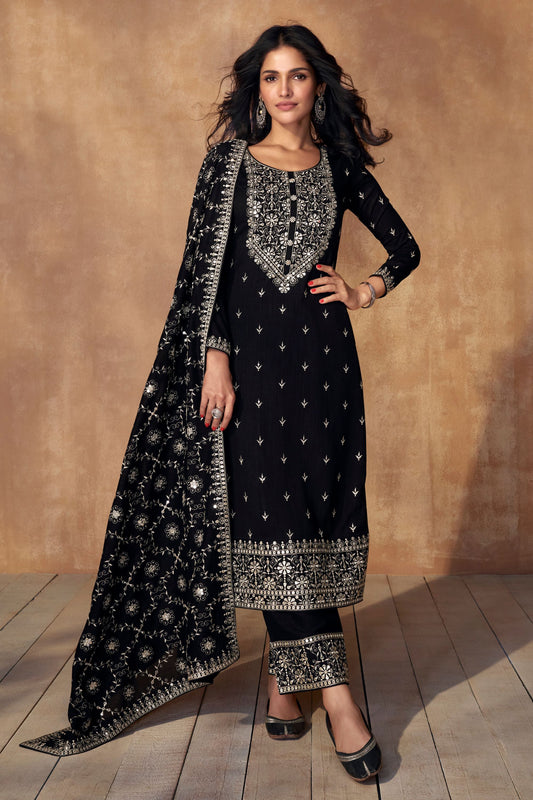 Black Silk Salwar Kameez Suit For Indian Festivals & Pakistani Weddings - Embroidery Work