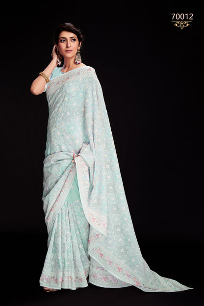 Blue Indian Georgette Saree For Indian Festivals & Weddings - Sequence Embroidery Work, Lucknowi Work