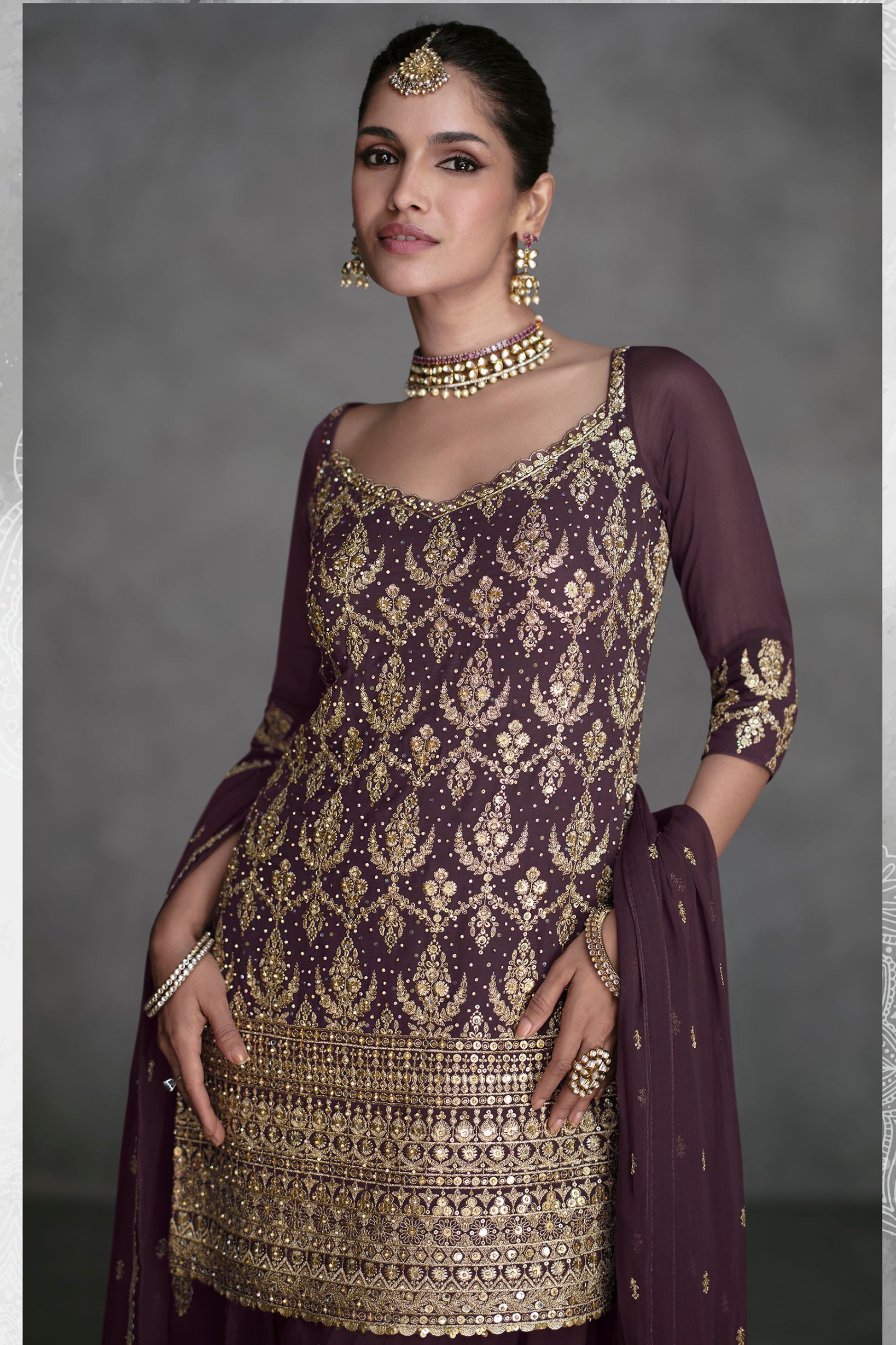 Brown Georgette Plazo Suit For Indian Festivals & Pakistani Weddings - Thread Embroidery Work
