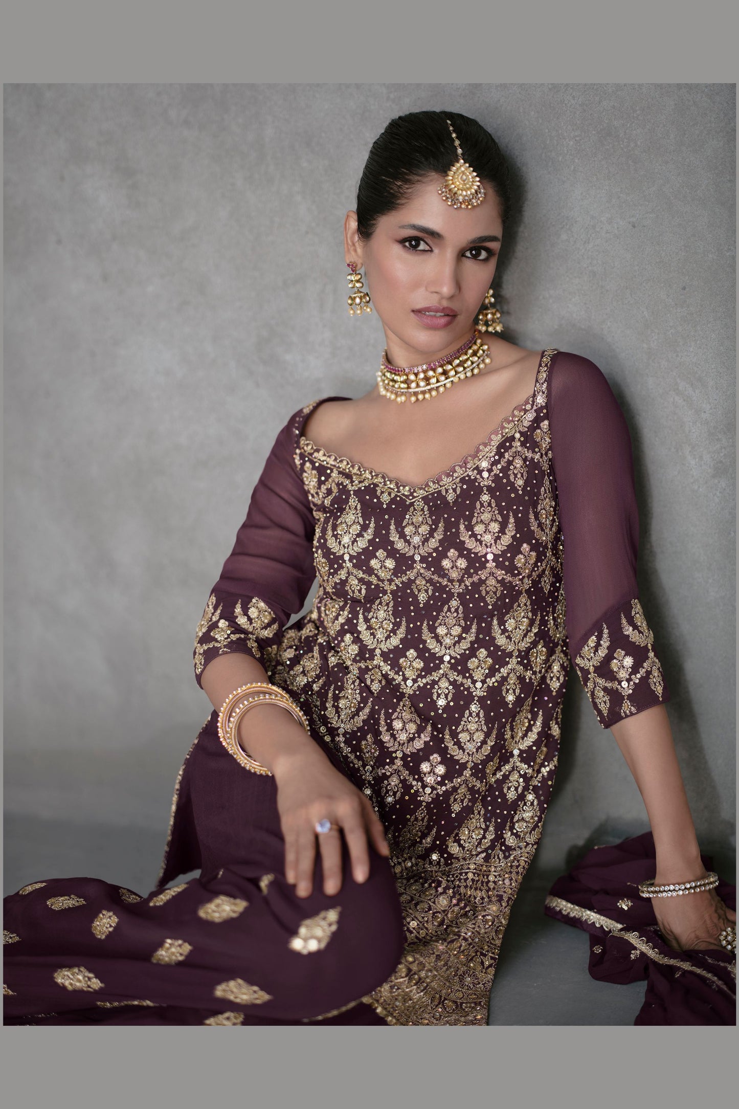 Brown Georgette Plazo Suit For Indian Festivals & Pakistani Weddings - Thread Embroidery Work