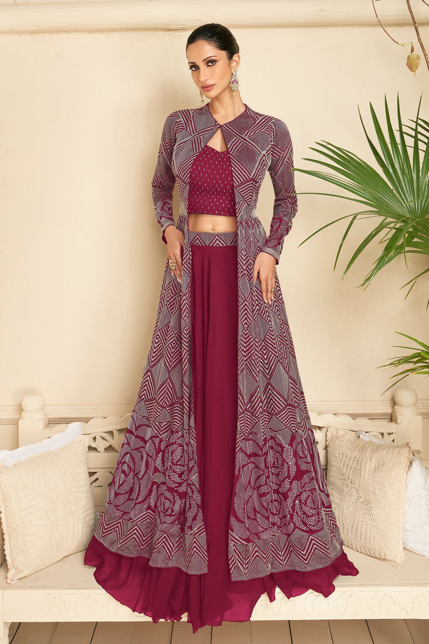 Coffee Color Lehenga Choli Suit with Koti For Indian Festivals & Pakistani Weddings - Embroidery Work