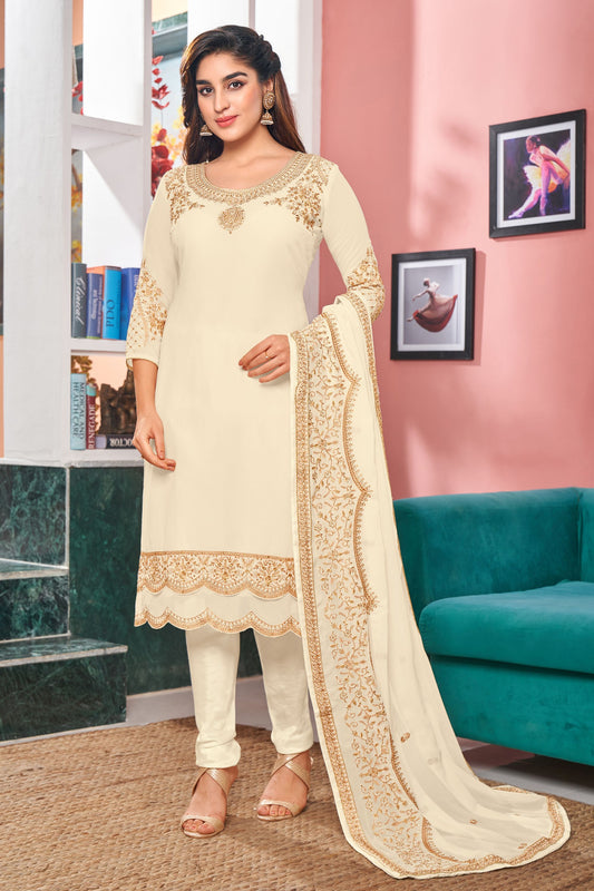 Cream Georgette Pakistani Salwar Kameez For Indian Festivals & Weddings - Thread Embroidery Work