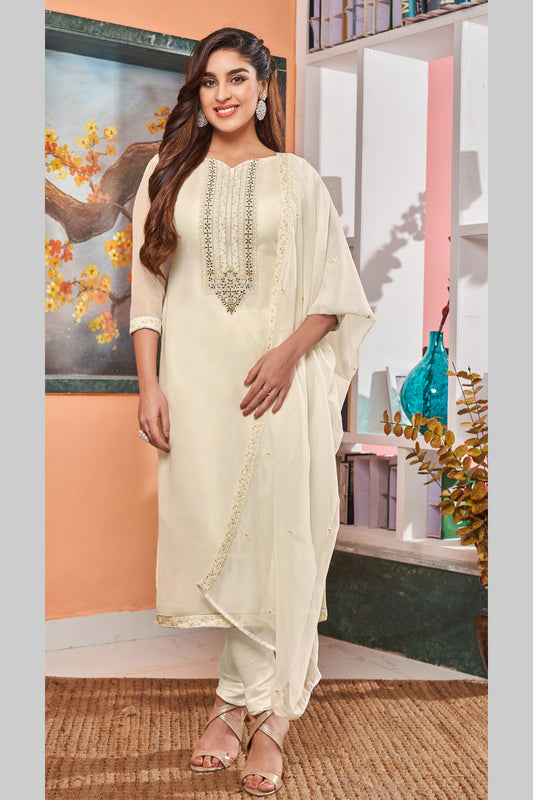 Cream Pakistani Georgette Salwar Kameez For Indian Festivals & Weddings - Thread Embroidery Work,