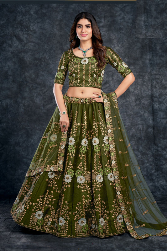 Dark Green Indian Silk Floral Lehenga Choli For Indian Festivals & Weddings - Sequence Embroidery Work, Thread Embroidery Work, Stone Work, Zari Work
