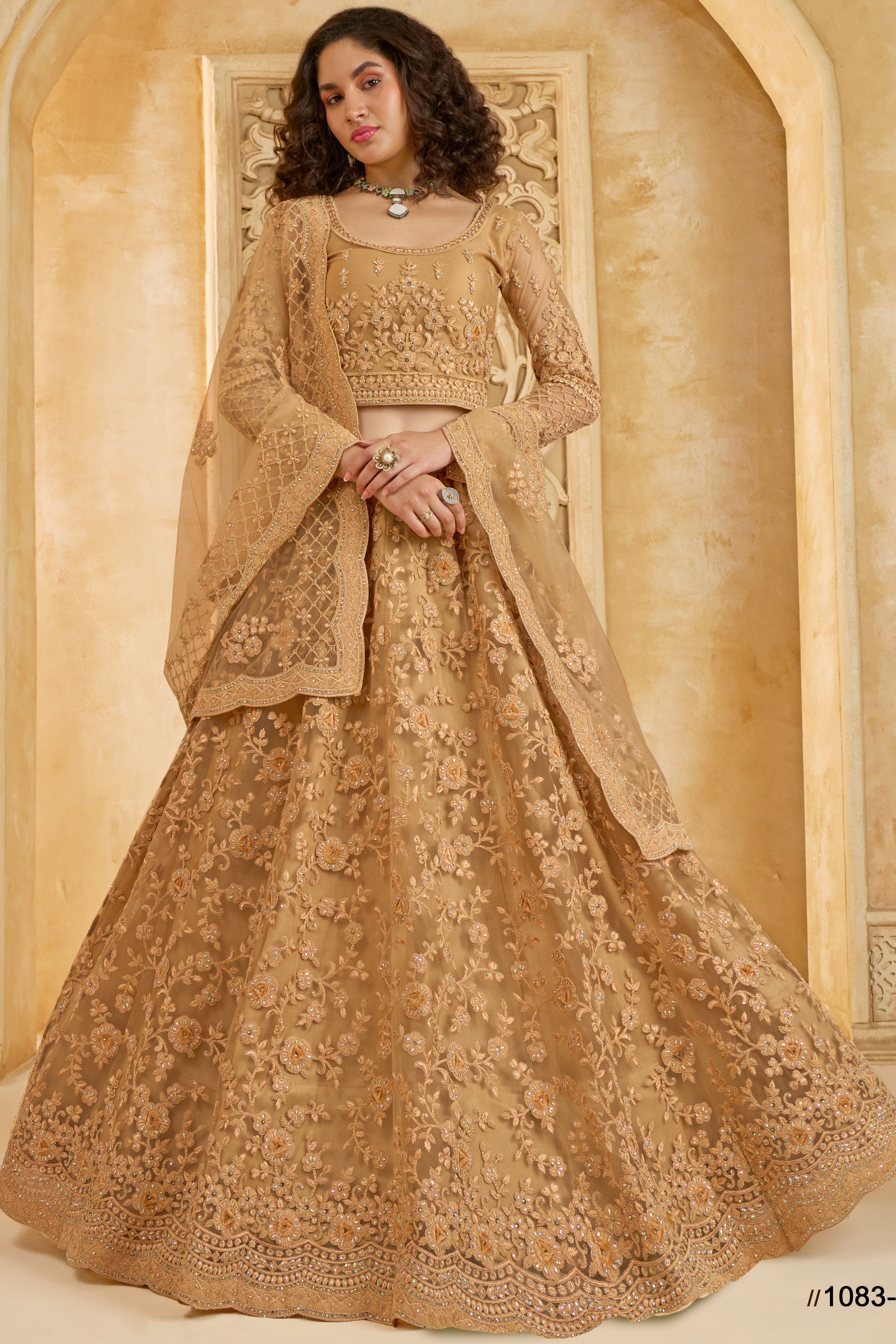 Golden Brown Net Lehenga Choli For Wedding Guest in Indian Festivals & Pakistani Weddings Dress - Thread Embroidery Work, Stone Work 38 Golden Brown Net Lehenga Choli For Wedding Guest in Indian Festivals & Pakistani Weddings Dress - Thread Embroidery Work, Stone Work 38