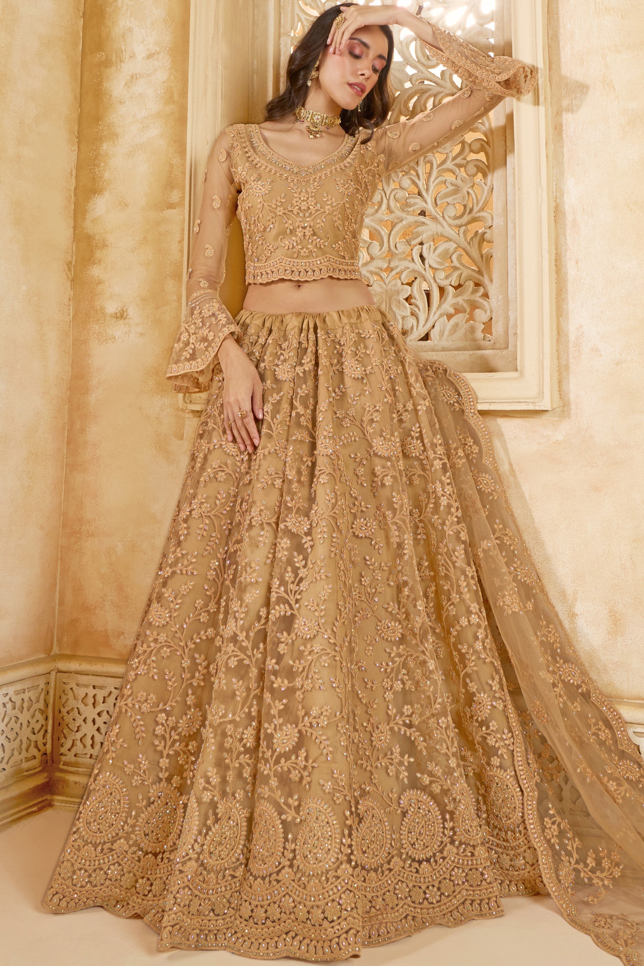 Shop Golden Brown Net Lehenga Choli Online Shopping for Wedding Guest Shop Golden Brown Net Lehenga Choli Online Shopping for Wedding Guest
