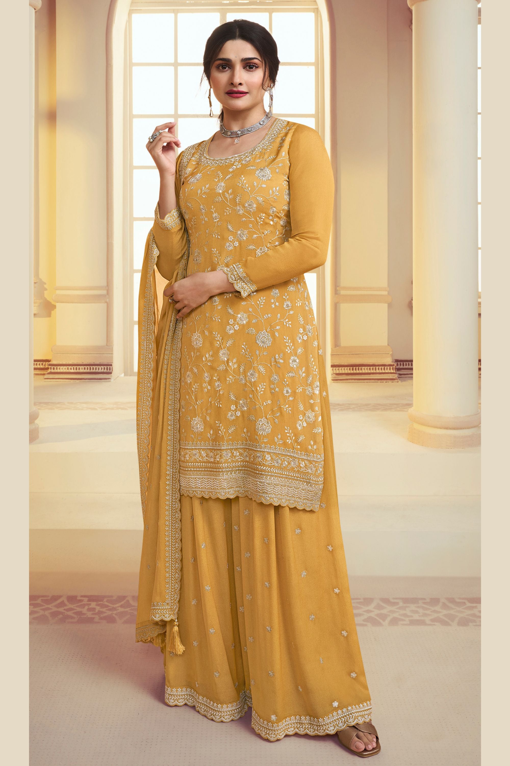 Golden Chinon Silk Plus Size (upto 6XL Size) Palazzo Suit for Indian Festivals & Pakistani Plazo Wedding Dress - Embroidery Work 48 Golden Chinon Silk Plus Size (upto 6XL Size) Palazzo Suit for Indian Festivals & Pakistani Plazo Wedding Dress - Embroidery Work 48