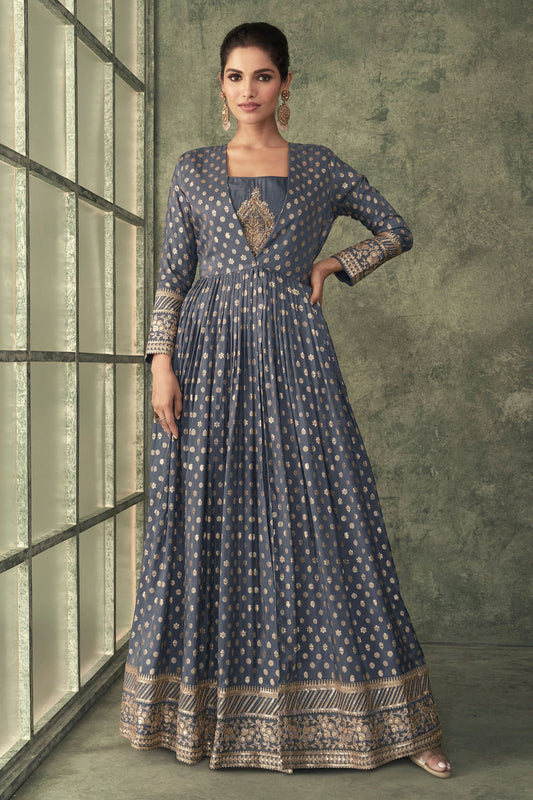 Gray Viscose Silk Jacquard Floor Full Length Anarkali Gown For Indian Festivals & Weddings - Embroidery Work