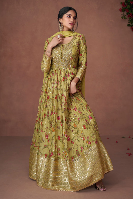 Green Pakistani Organza Floor Full Length Flower Printed Anarkali Gown For Indian Festivals & Weddings - Embroidery Work, Print Work