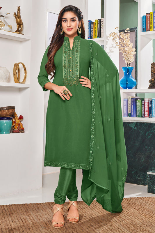 Green Pakistani Georgette Salwar Kameez For Indian Festivals & Weddings - Thread Embroidery Work,