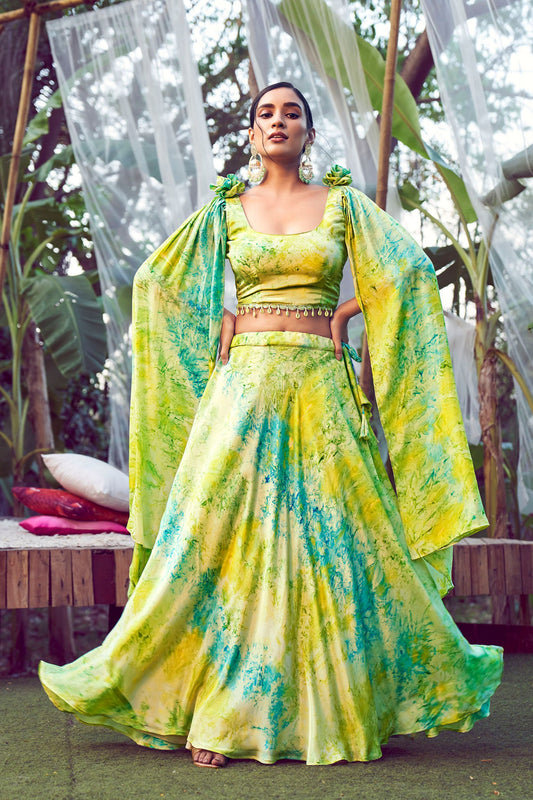 Green Pakistani Silk Printed Lehenga Choli For Indian Festivals & Weddings - Print Work,